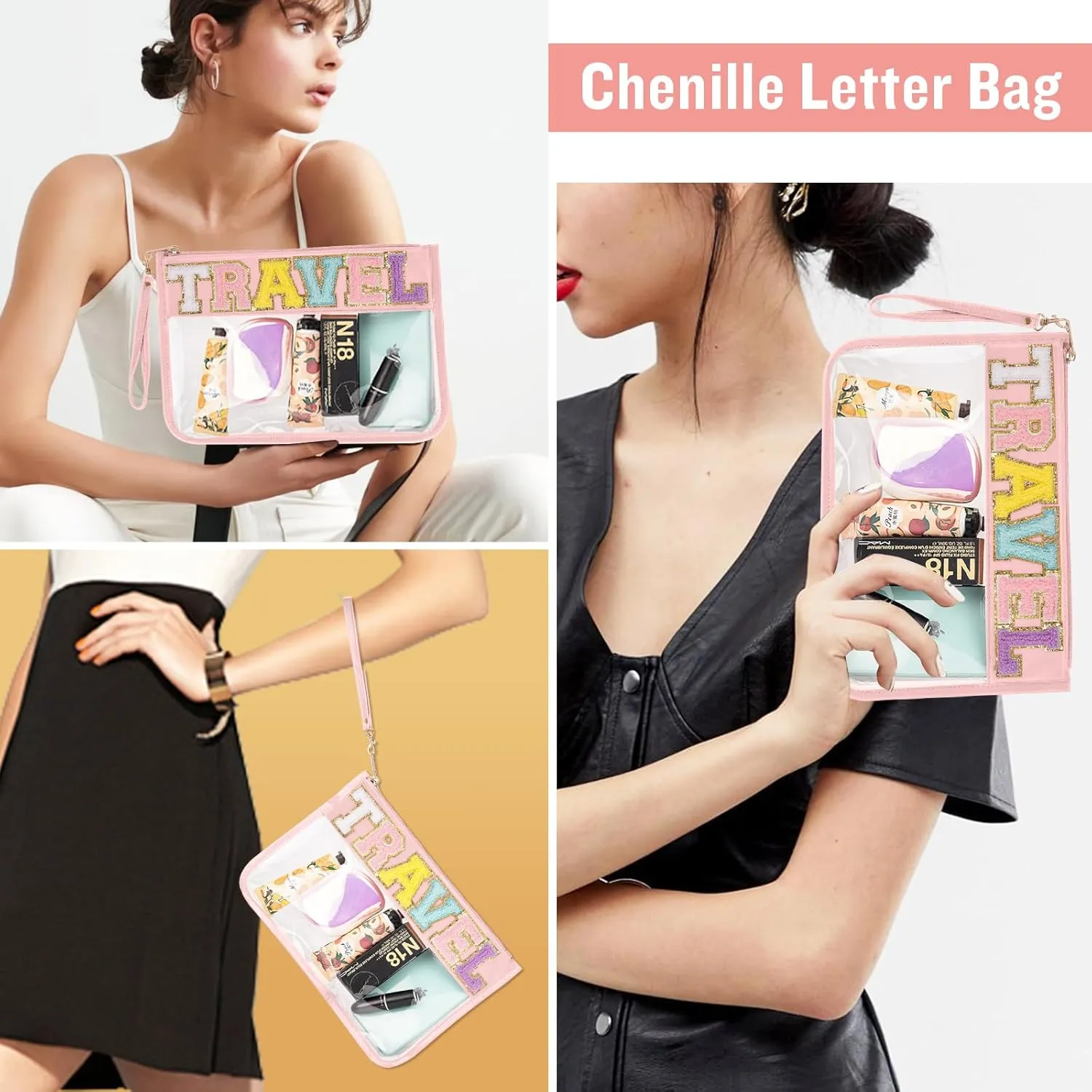 Chenille Letter Clear Travel Bags Purse Pouch, Monogram PVC & PU Clear Zipper Pouch with Wristlet, Waterproof Portable Glitter Snacks Makeup Beach Pouch Toiletry Bag for Women Girls (TRAVEL-Beige)