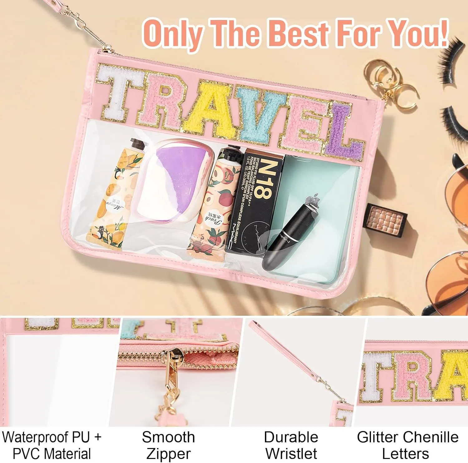 Chenille Letter Clear Travel Bags Purse Pouch, Monogram PVC & PU Clear Zipper Pouch with Wristlet, Waterproof Portable Glitter Snacks Makeup Beach Pouch Toiletry Bag for Women Girls (TRAVEL-Beige)