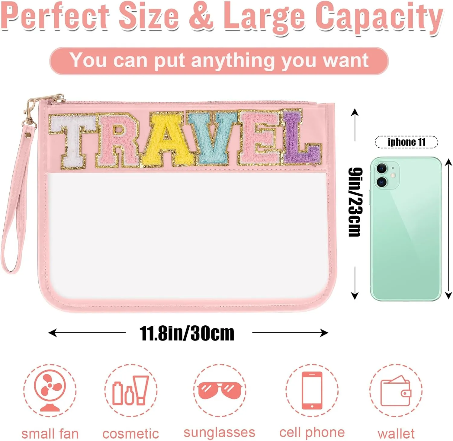 Chenille Letter Clear Travel Bags Purse Pouch, Monogram PVC & PU Clear Zipper Pouch with Wristlet, Waterproof Portable Glitter Snacks Makeup Beach Pouch Toiletry Bag for Women Girls (TRAVEL-Beige)