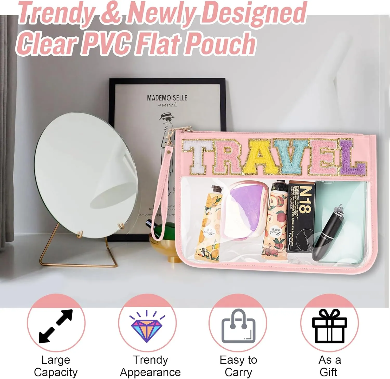 Chenille Letter Clear Travel Bags Purse Pouch, Monogram PVC & PU Clear Zipper Pouch with Wristlet, Waterproof Portable Glitter Snacks Makeup Beach Pouch Toiletry Bag for Women Girls (TRAVEL-Beige)