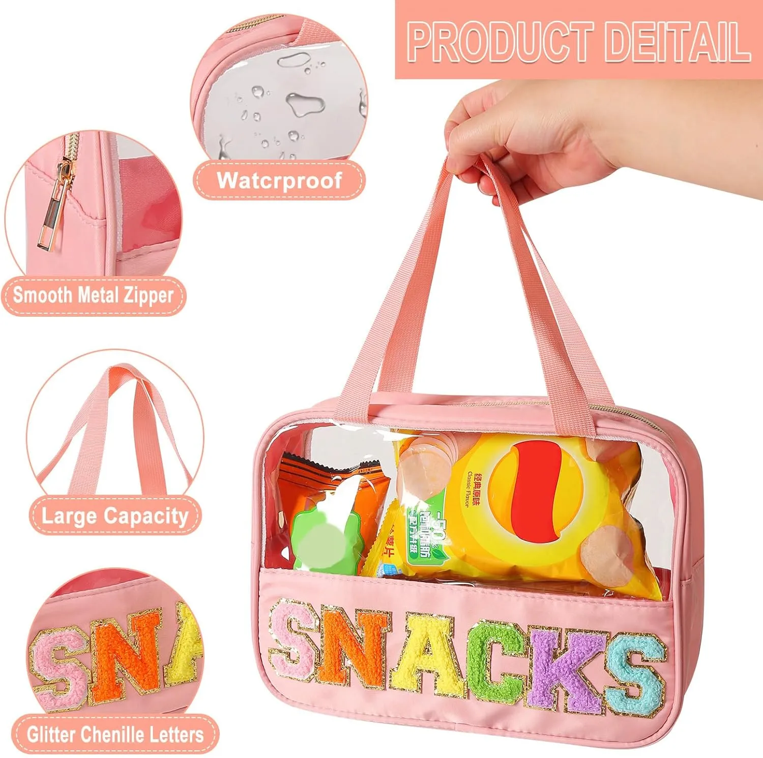 Chenille Letter Patch Clear Bag,Preppy Multi-purpose PVC&Nylon Clear Makeup Bag with Handles,Large Travel Makeup Toiletry Storage Zipper Pouch, Tote Bag for Women (Pink-SNACKS)