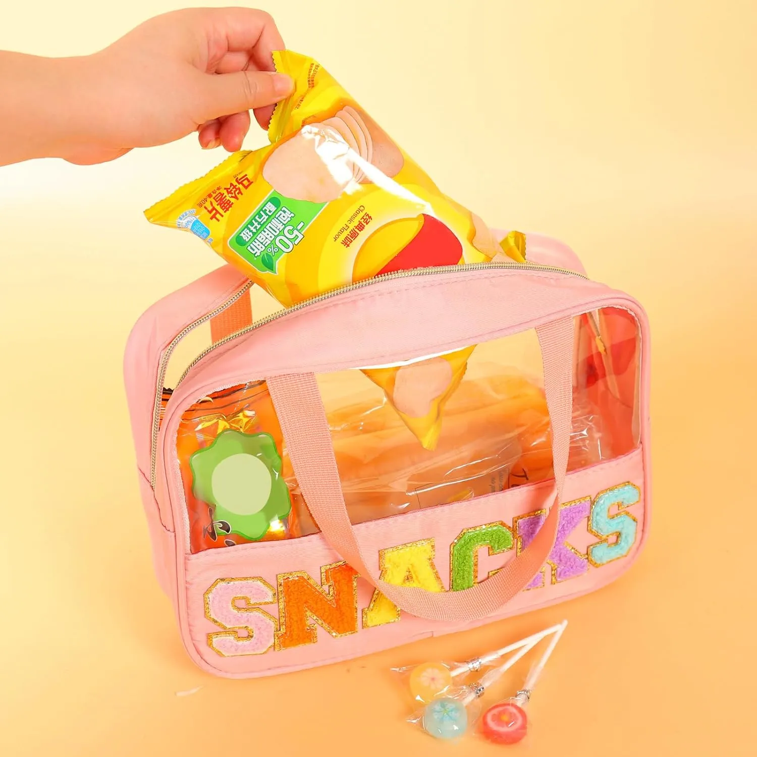 Chenille Letter Patch Clear Bag,Preppy Multi-purpose PVC&Nylon Clear Makeup Bag with Handles,Large Travel Makeup Toiletry Storage Zipper Pouch, Tote Bag for Women (Pink-SNACKS)