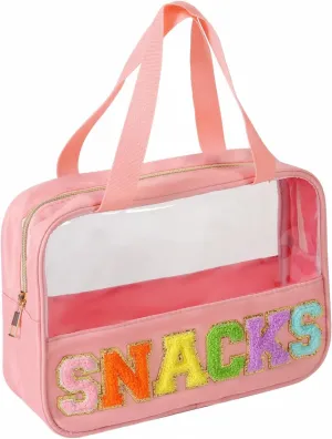 Chenille Letter Patch Clear Bag,Preppy Multi-purpose PVC&Nylon Clear Makeup Bag with Handles,Large Travel Makeup Toiletry Storage Zipper Pouch, Tote Bag for Women (Pink-SNACKS)