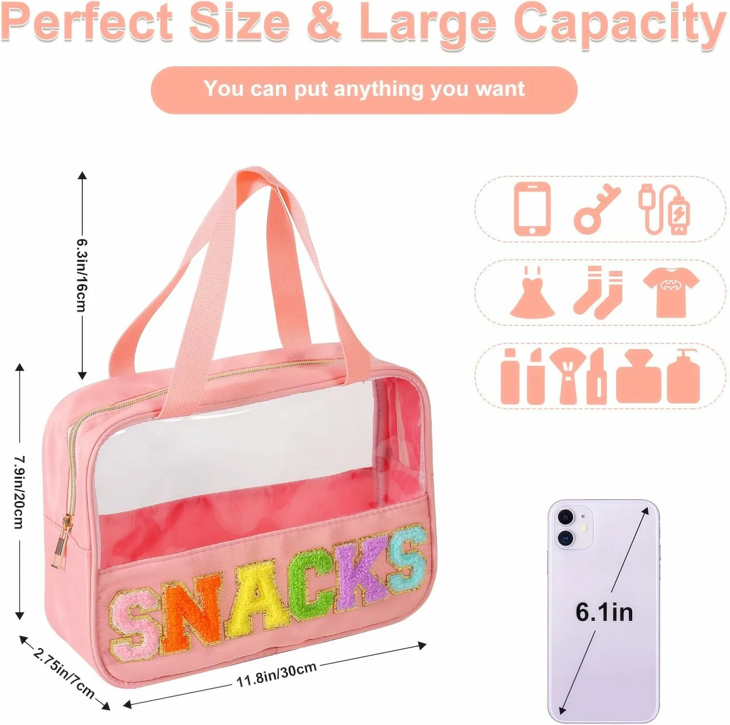 Chenille Letter Patch Clear Bag,Preppy Multi-purpose PVC&Nylon Clear Makeup Bag with Handles,Large Travel Makeup Toiletry Storage Zipper Pouch, Tote Bag for Women (Pink-SNACKS)
