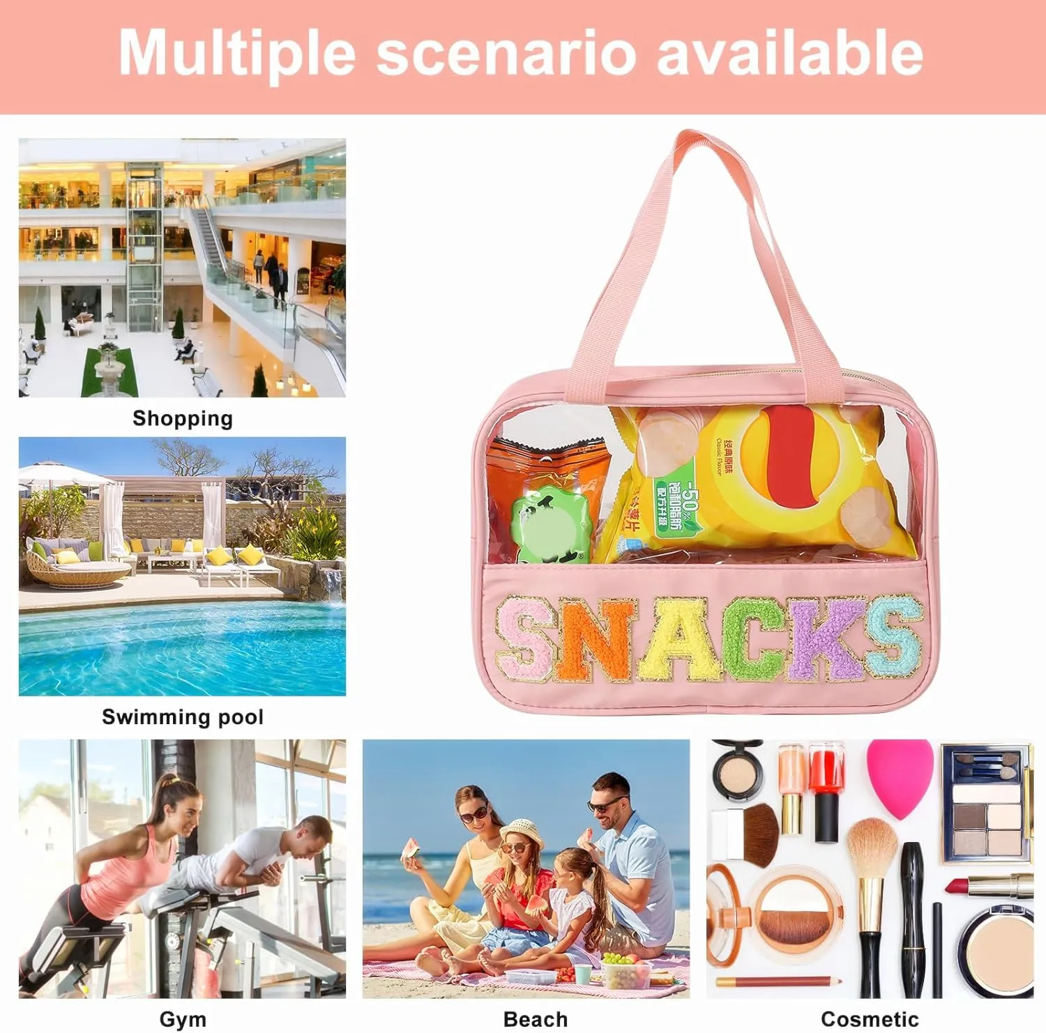 Chenille Letter Patch Clear Bag,Preppy Multi-purpose PVC&Nylon Clear Makeup Bag with Handles,Large Travel Makeup Toiletry Storage Zipper Pouch, Tote Bag for Women (Pink-SNACKS)
