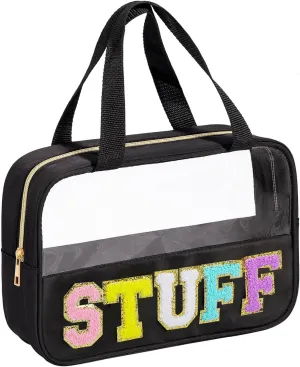 Chenille Letter Patch Clear Travel Bags, Preppy PVC&Nylon Makeup Bag with Handle and Zipper, Waterproof Large Clear Travel Toiletry Bag Storage Bag for Women Girls
