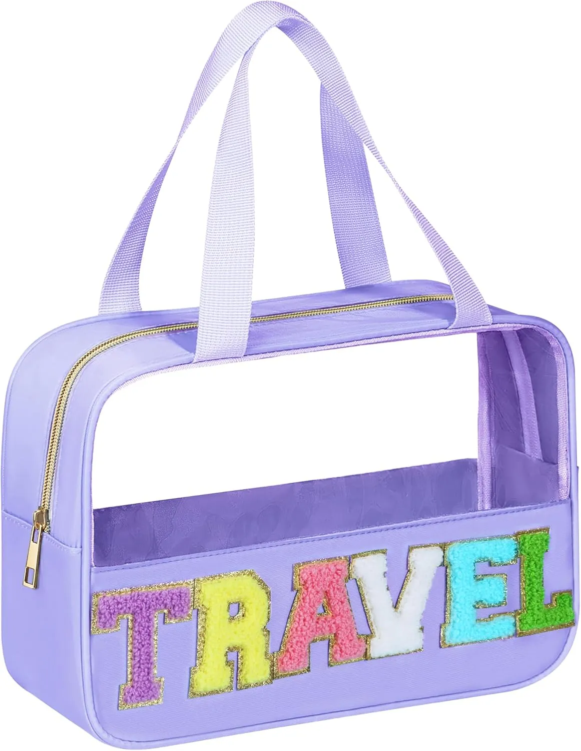 Chenille Letter Patch Clear Travel Bags, Preppy PVC&Nylon Makeup Bag with Handle and Zipper, Waterproof Large Clear Travel Toiletry Bag Storage Bag for Women Girls