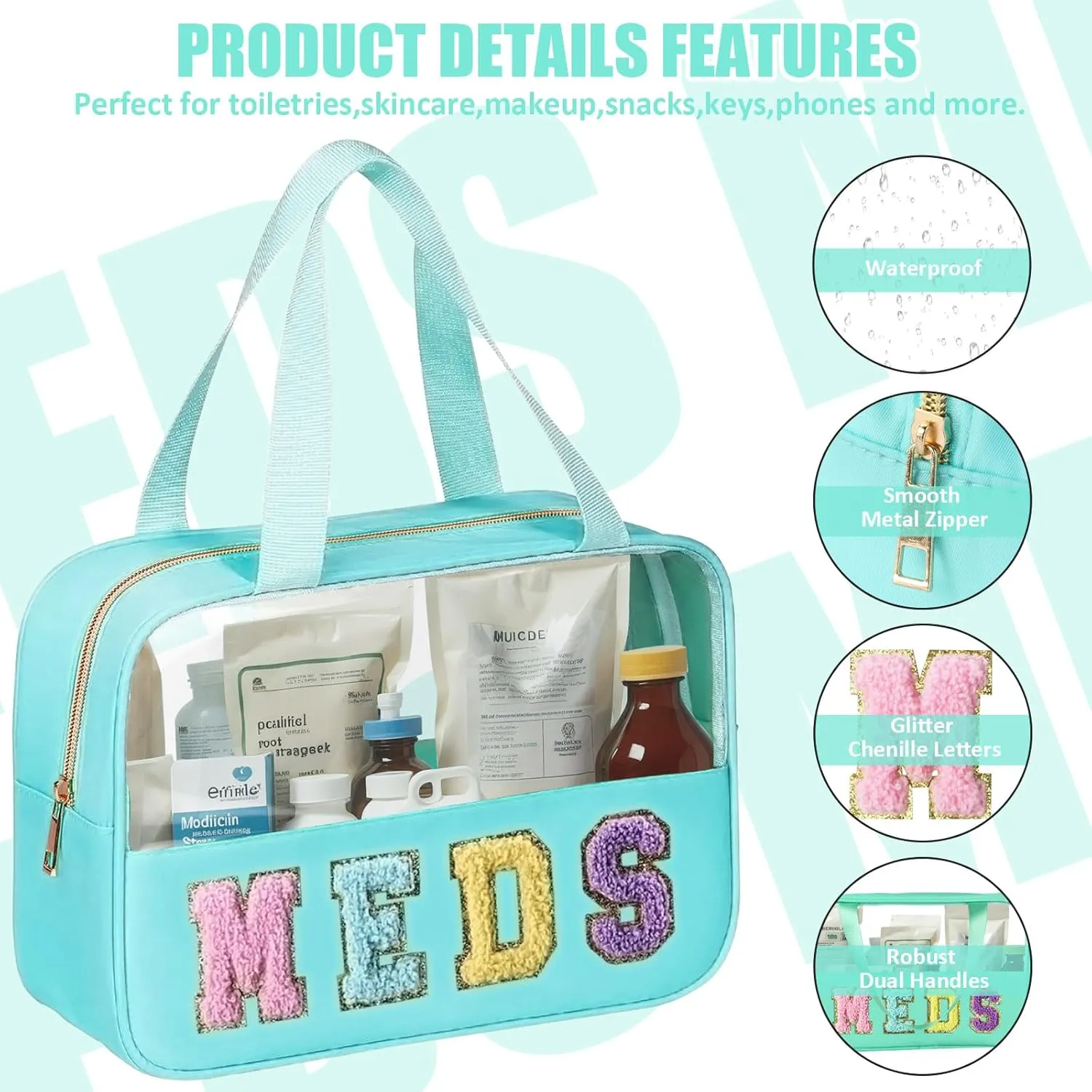 Chenille Letter Patch Clear Travel Bags, Preppy PVC&Nylon Makeup Bag with Handle and Zipper, Waterproof Large Clear Travel Toiletry Bag Storage Bag for Women Girls