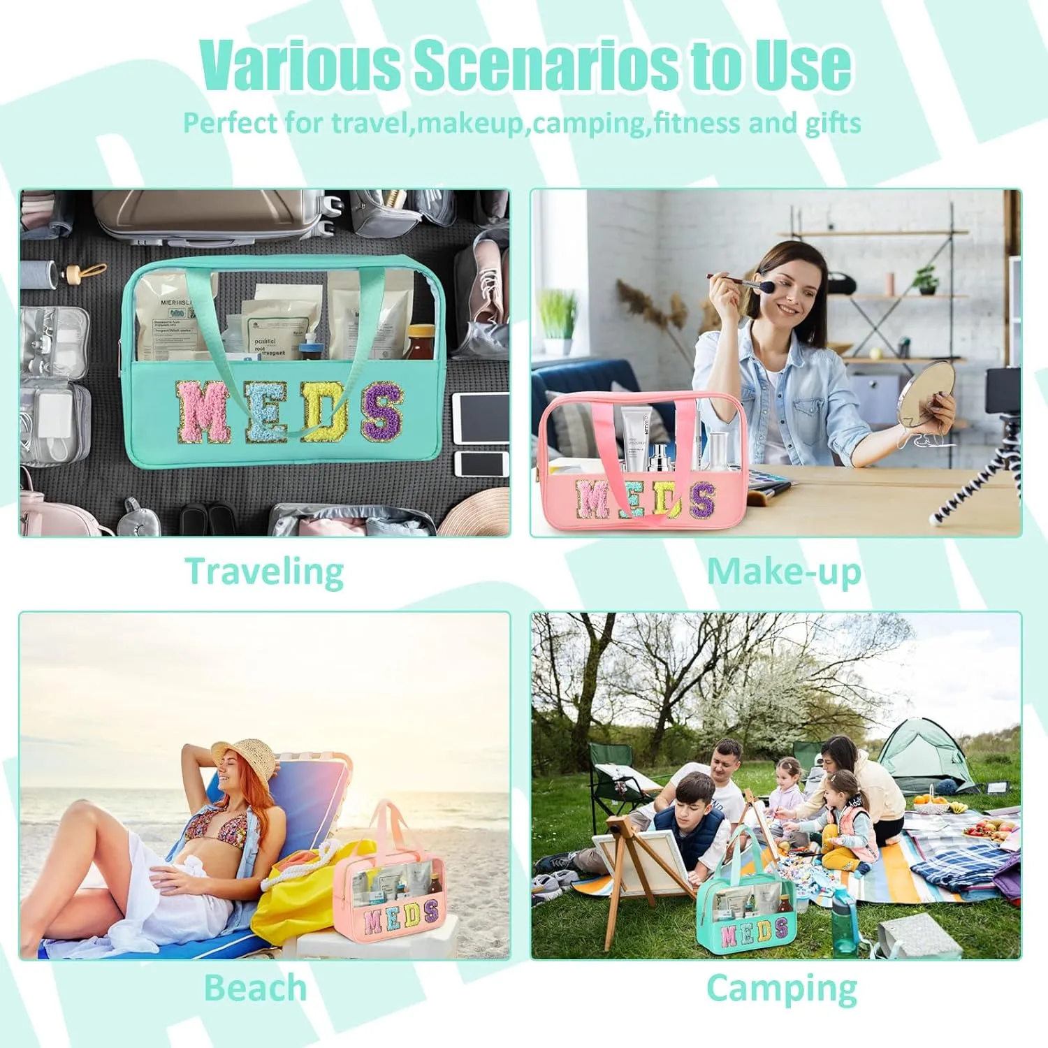 Chenille Letter Patch Clear Travel Bags, Preppy PVC&Nylon Makeup Bag with Handle and Zipper, Waterproof Large Clear Travel Toiletry Bag Storage Bag for Women Girls