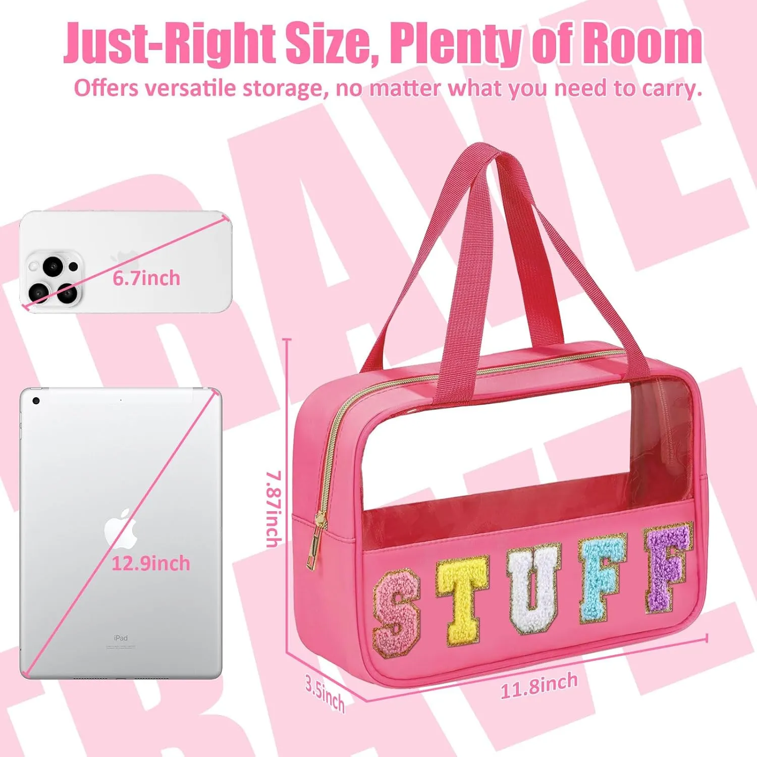 Chenille Letter Patch Clear Travel Bags, Preppy PVC&Nylon Makeup Bag with Handle and Zipper, Waterproof Large Clear Travel Toiletry Bag Storage Bag for Women Girls