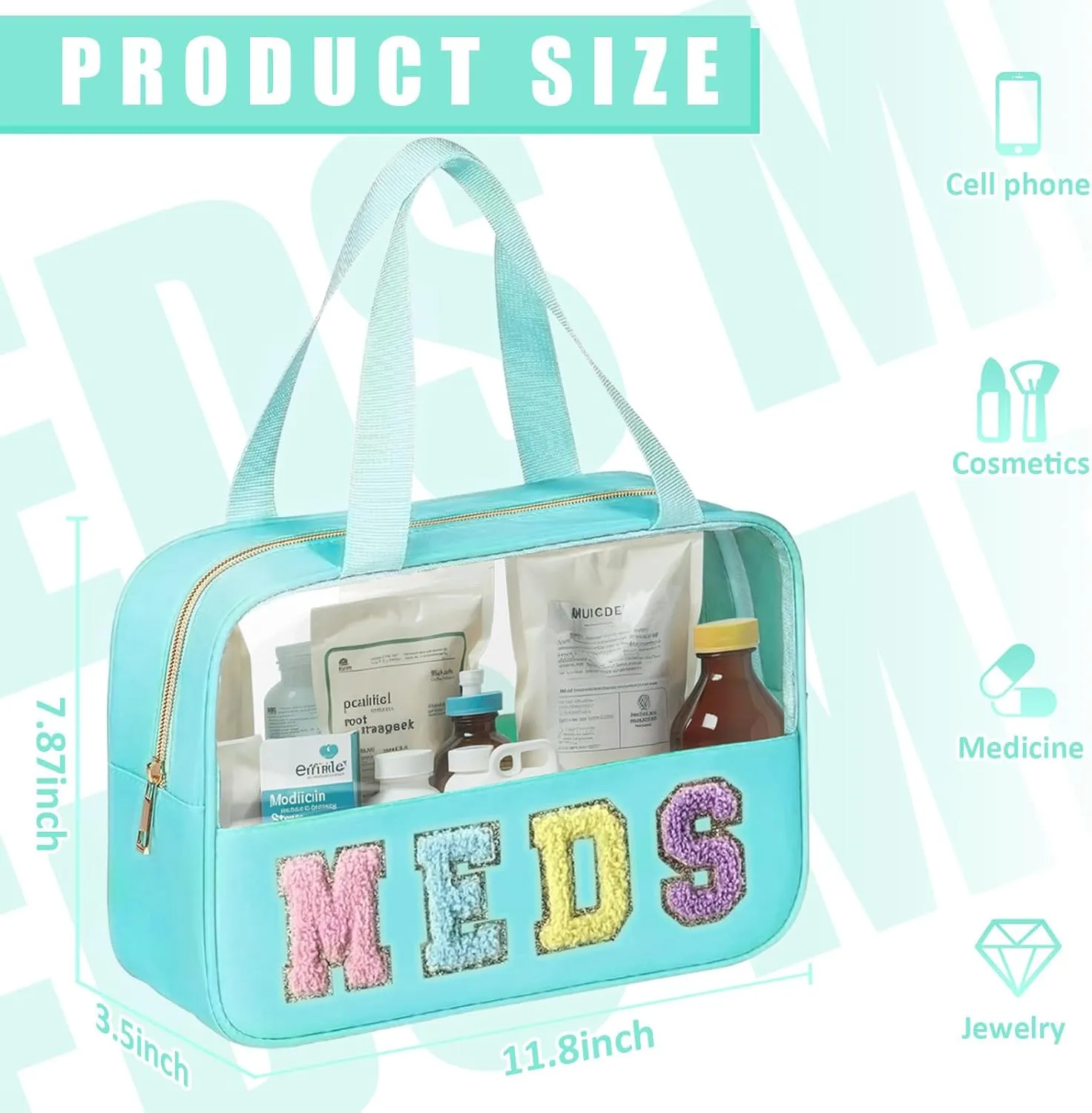 Chenille Letter Patch Clear Travel Bags, Preppy PVC&Nylon Makeup Bag with Handle and Zipper, Waterproof Large Clear Travel Toiletry Bag Storage Bag for Women Girls