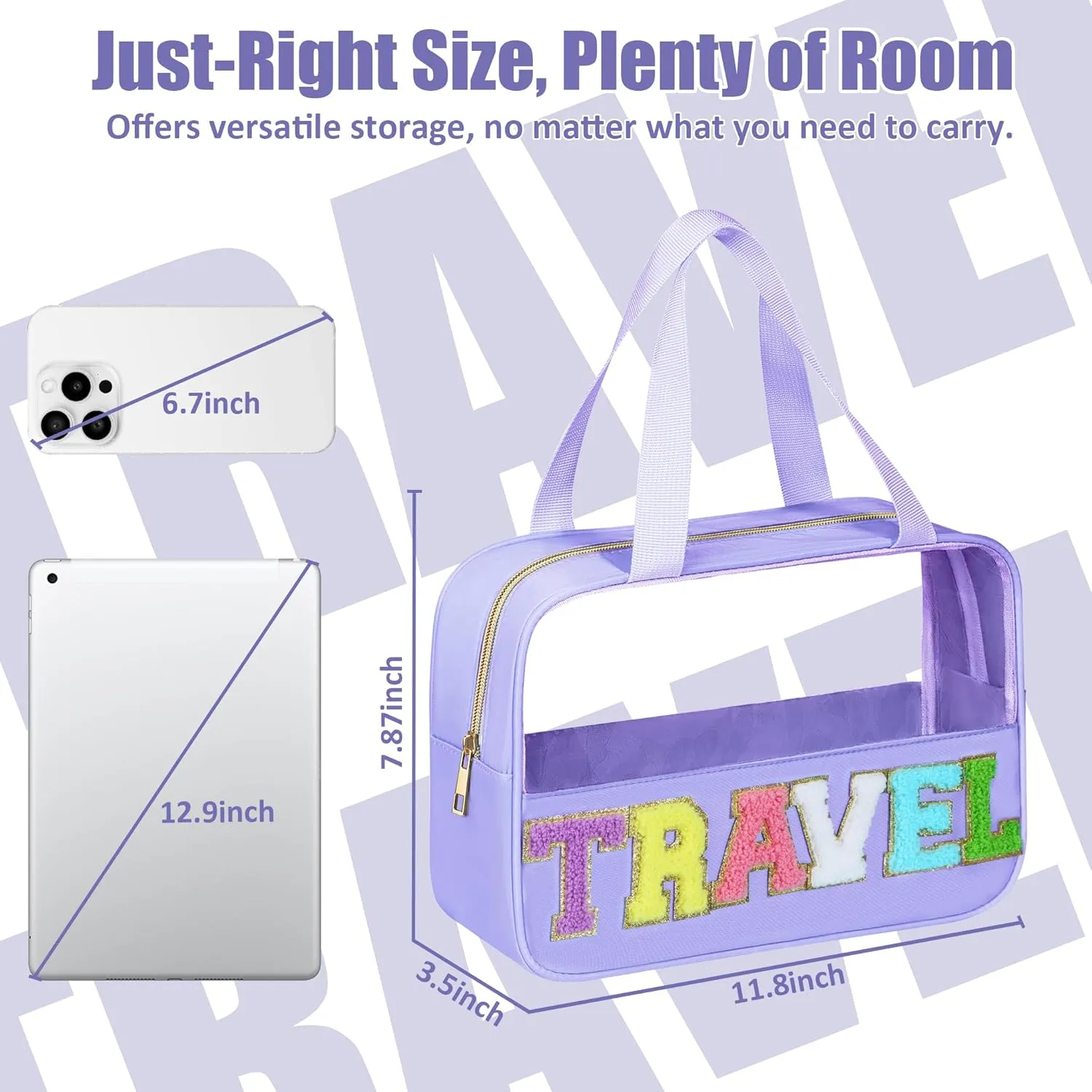 Chenille Letter Patch Clear Travel Bags, Preppy PVC&Nylon Makeup Bag with Handle and Zipper, Waterproof Large Clear Travel Toiletry Bag Storage Bag for Women Girls