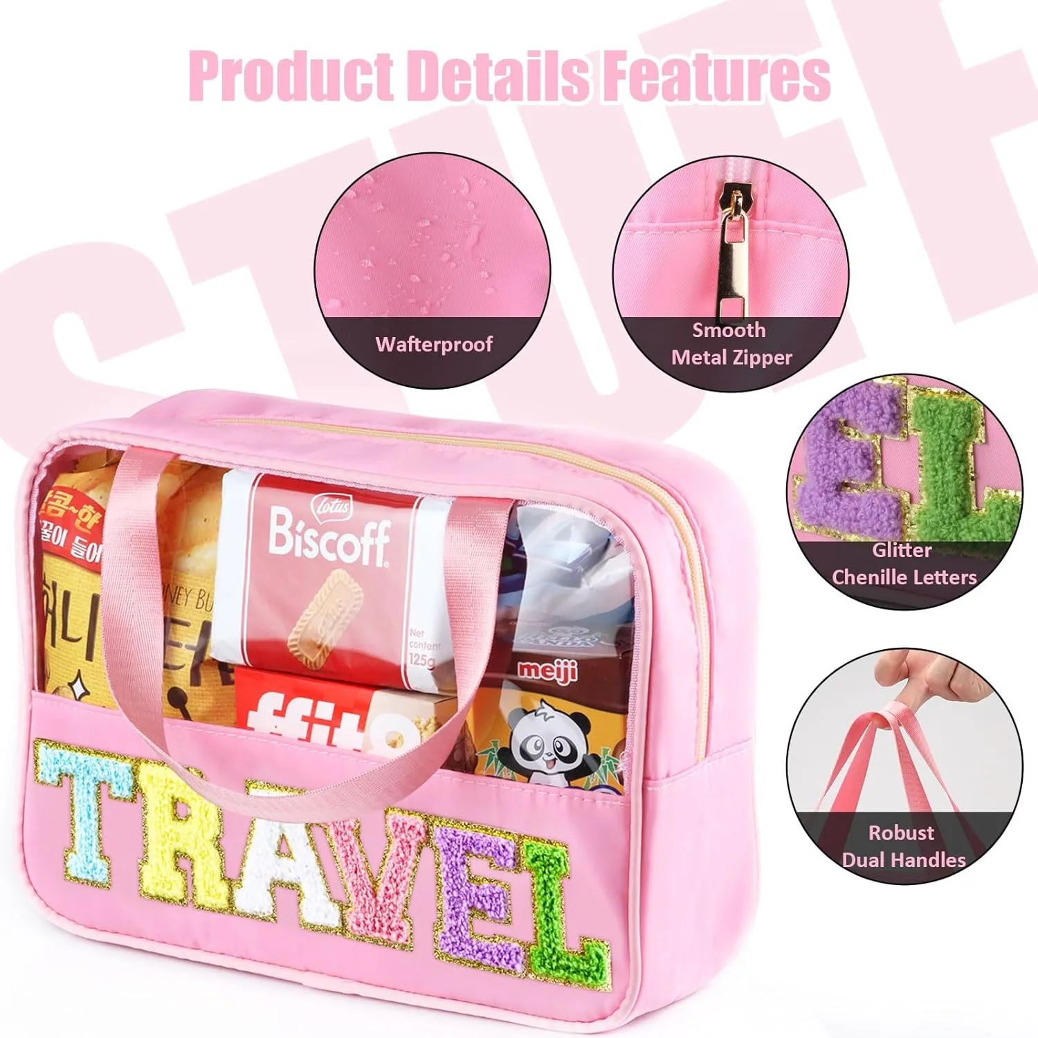 Chenille Letter Patch Clear Travel Bags, Preppy PVC&Nylon Makeup Bag with Handle and Zipper, Waterproof Large Clear Travel Toiletry Bag Storage Bag for Women Girls