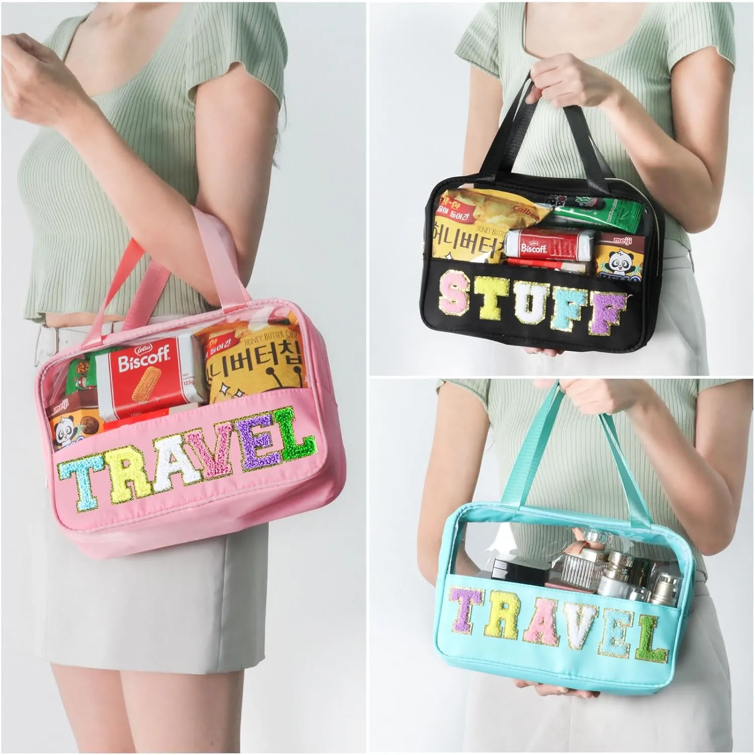 Chenille Letter Patch Clear Travel Bags, Preppy PVC&Nylon Makeup Bag with Handle and Zipper, Waterproof Large Clear Travel Toiletry Bag Storage Bag for Women Girls