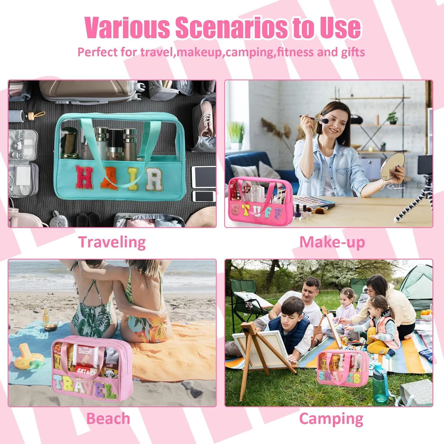 Chenille Letter Patch Clear Travel Bags, Preppy PVC&Nylon Makeup Bag with Handle and Zipper, Waterproof Large Clear Travel Toiletry Bag Storage Bag for Women Girls