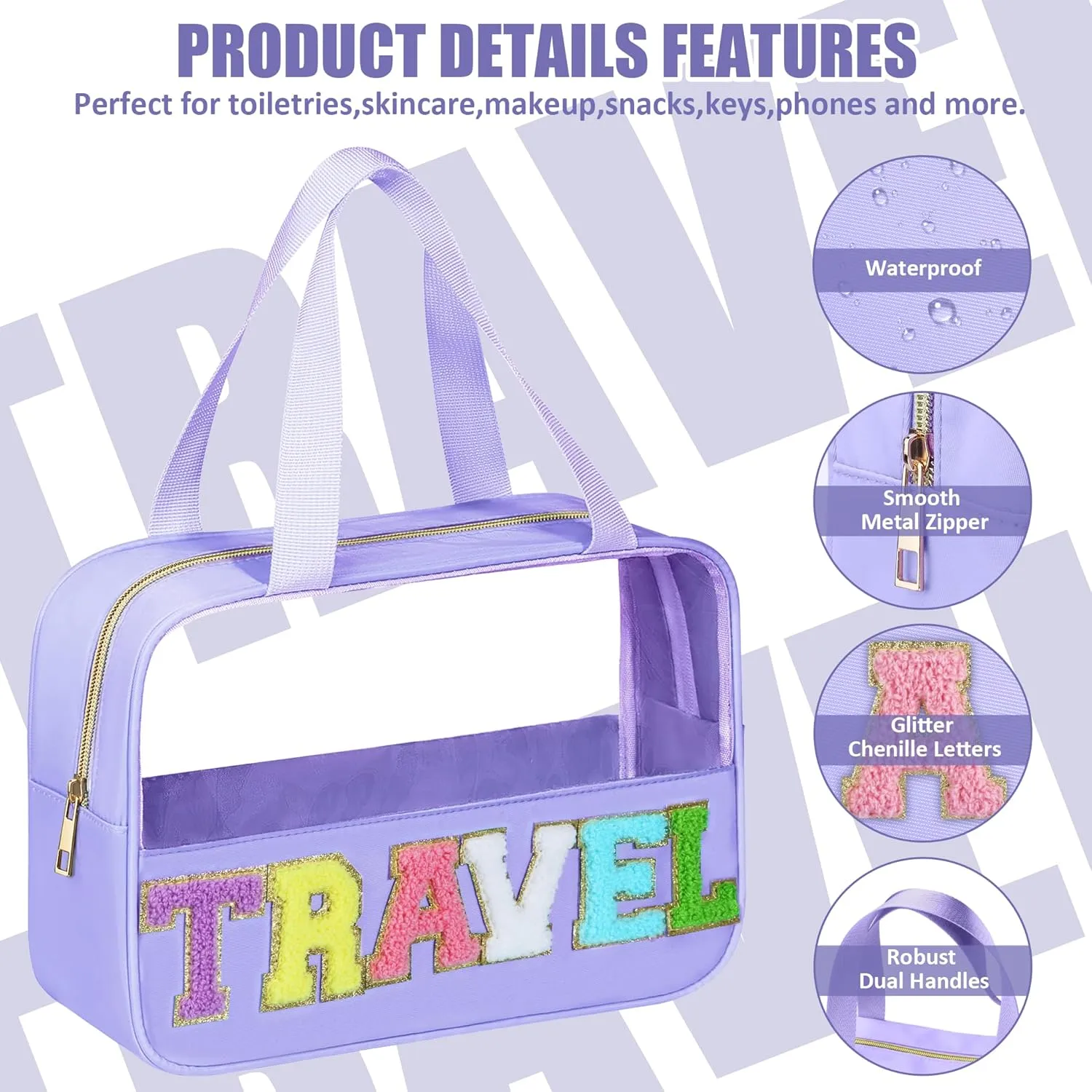 Chenille Letter Patch Clear Travel Bags, Preppy PVC&Nylon Makeup Bag with Handle and Zipper, Waterproof Large Clear Travel Toiletry Bag Storage Bag for Women Girls