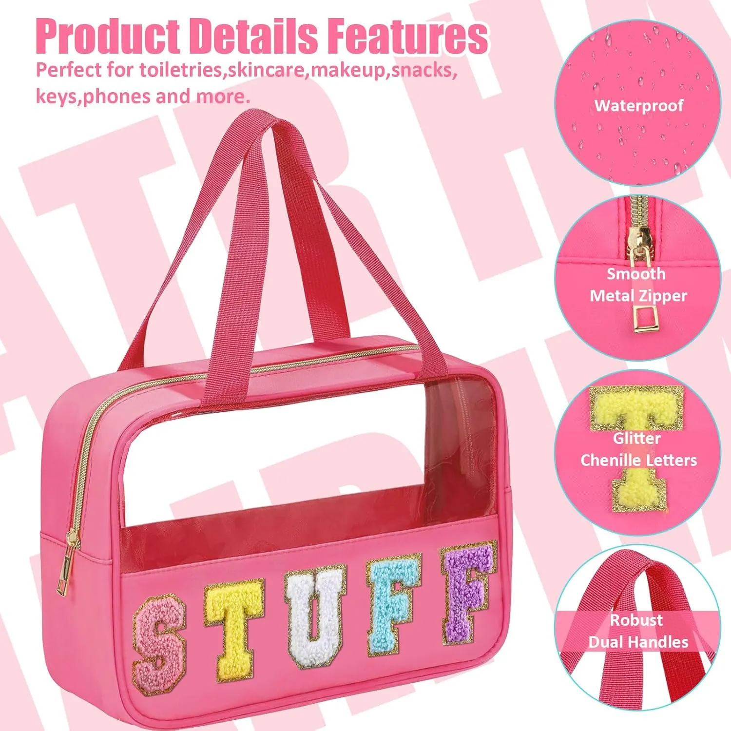Chenille Letter Patch Clear Travel Bags, Preppy PVC&Nylon Makeup Bag with Handle and Zipper, Waterproof Large Clear Travel Toiletry Bag Storage Bag for Women Girls