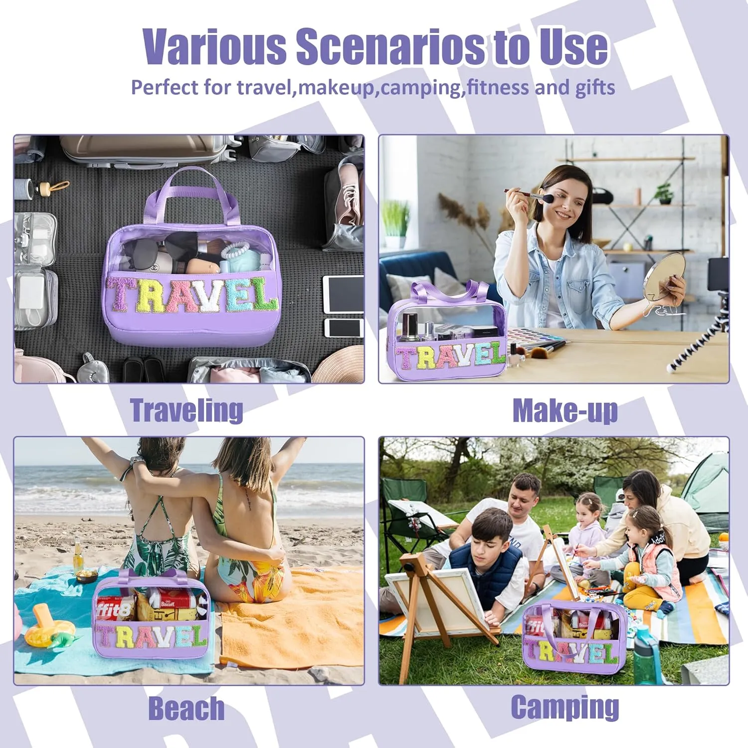 Chenille Letter Patch Clear Travel Bags, Preppy PVC&Nylon Makeup Bag with Handle and Zipper, Waterproof Large Clear Travel Toiletry Bag Storage Bag for Women Girls