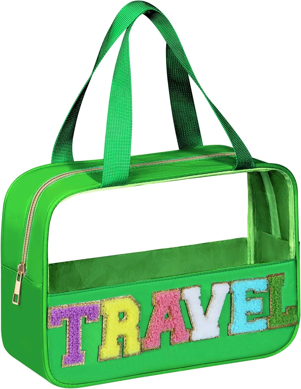 Chenille Letter Patch Clear Travel Bags, Preppy PVC&Nylon Makeup Bag with Handle and Zipper, Waterproof Large Clear Travel Toiletry Bag Storage Bag for Women Girls