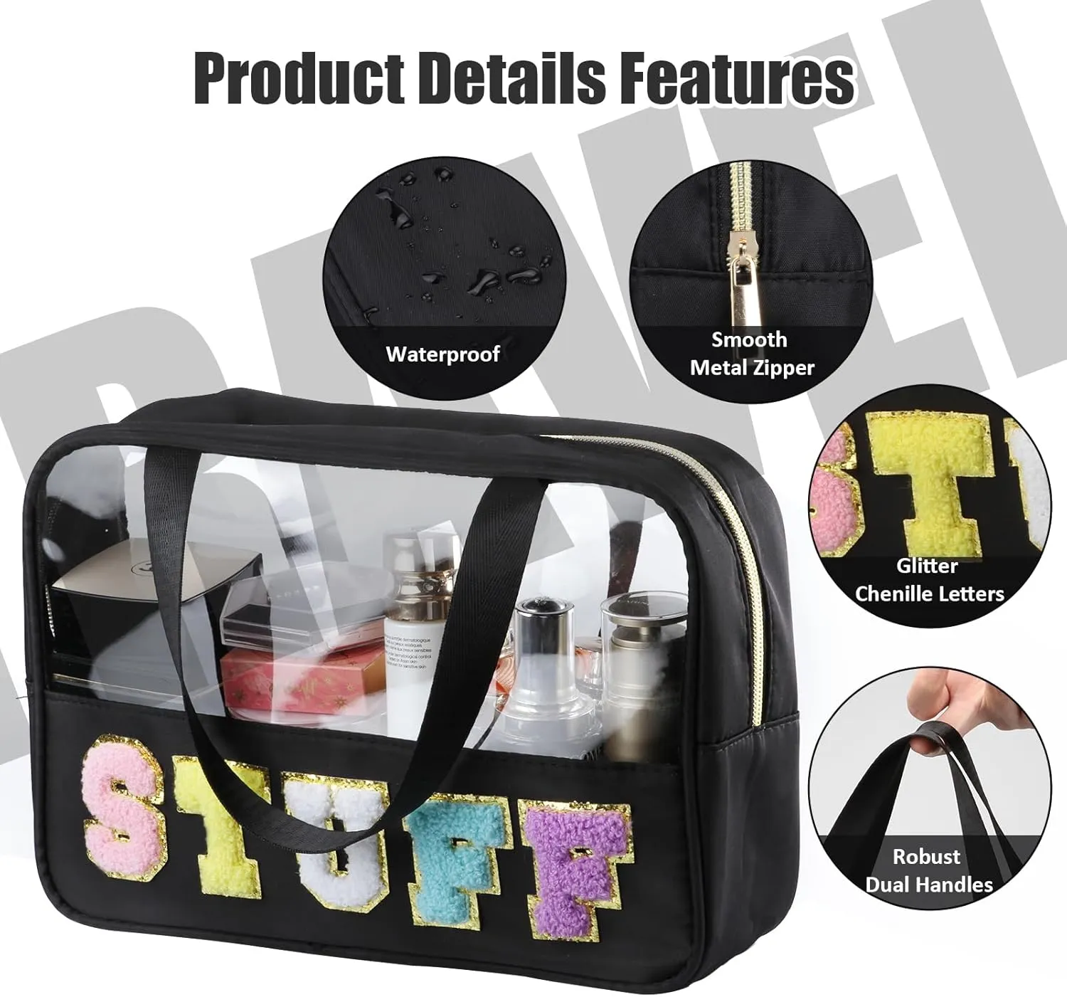 Chenille Letter Patch Clear Travel Bags, Preppy PVC&Nylon Makeup Bag with Handle and Zipper, Waterproof Large Clear Travel Toiletry Bag Storage Bag for Women Girls