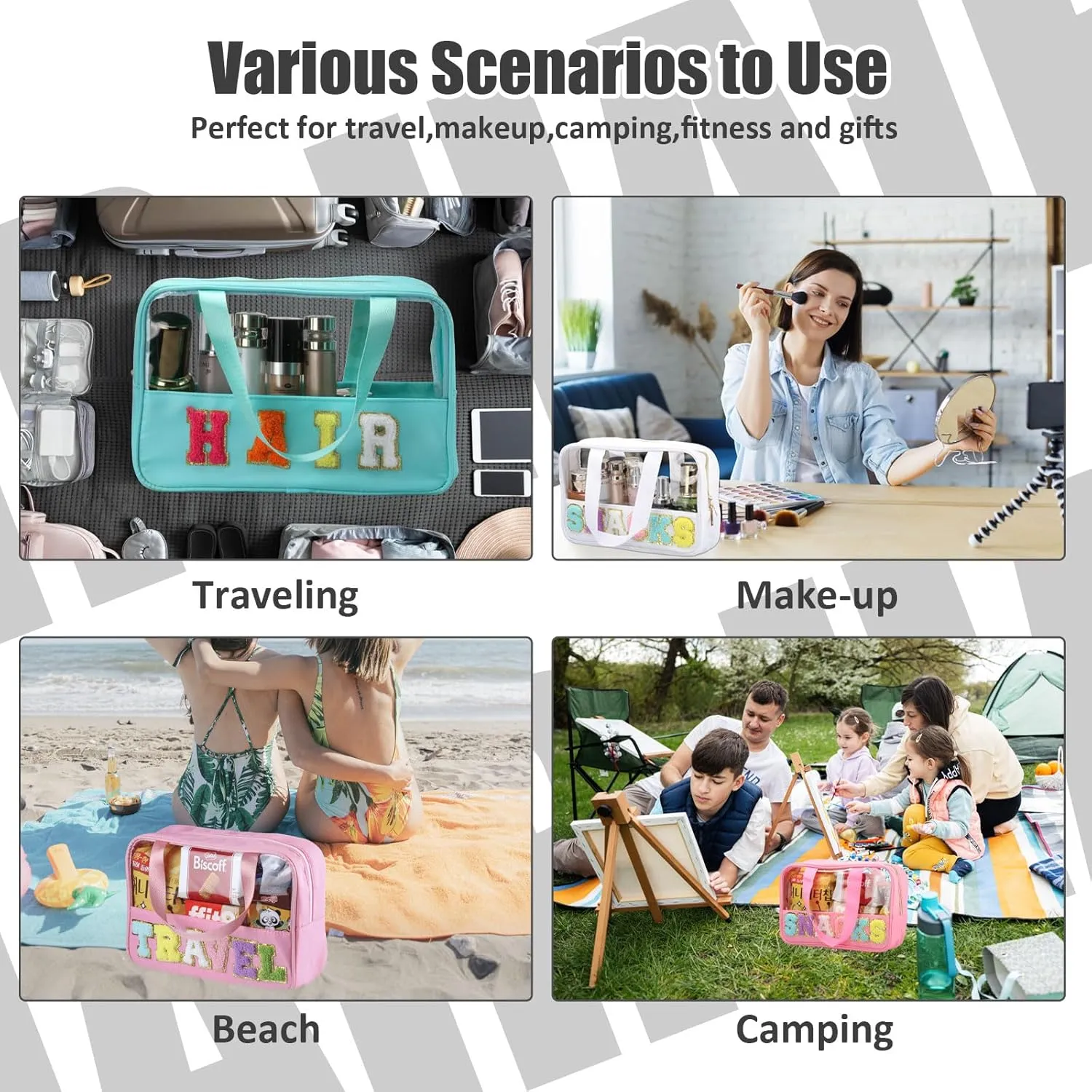 Chenille Letter Patch Clear Travel Bags, Preppy PVC&Nylon Makeup Bag with Handle and Zipper, Waterproof Large Clear Travel Toiletry Bag Storage Bag for Women Girls