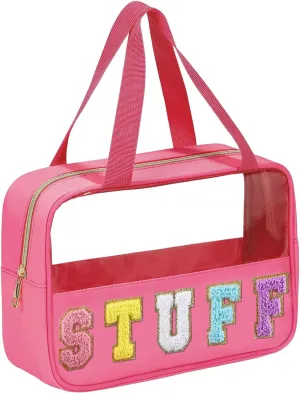 Chenille Letter Patch Clear Travel Bags, Preppy PVC&Nylon Makeup Bag with Handle and Zipper, Waterproof Large Clear Travel Toiletry Bag Storage Bag for Women Girls