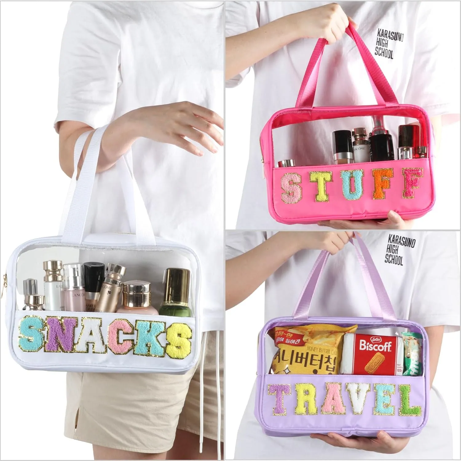 Chenille Letter Patch Clear Travel Bags, Preppy PVC&Nylon Makeup Bag with Handle and Zipper, Waterproof Large Clear Travel Toiletry Bag Storage Bag for Women Girls