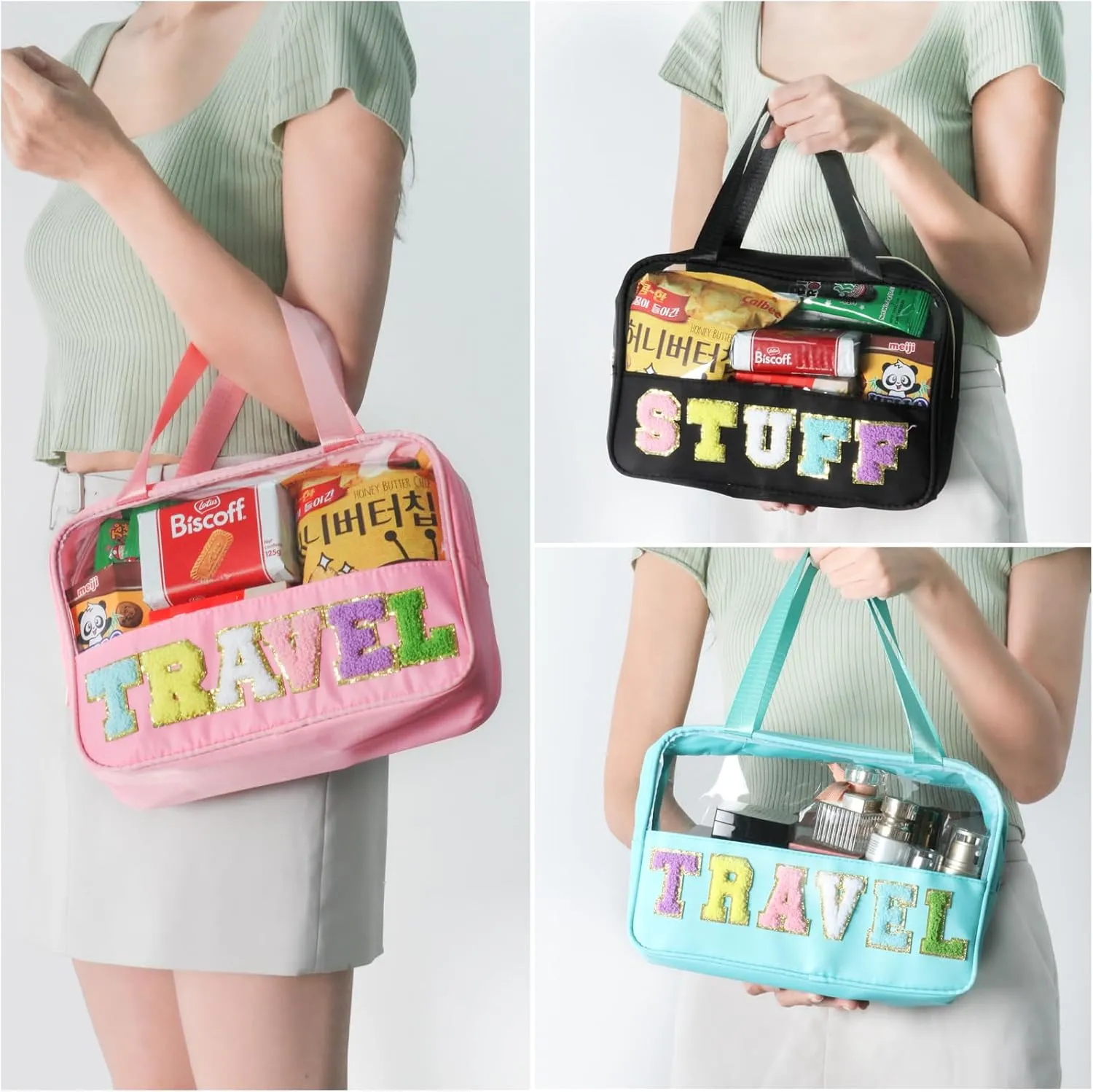 Chenille Letter Patch Clear Travel Bags, Preppy PVC&Nylon Makeup Bag with Handle and Zipper, Waterproof Large Clear Travel Toiletry Bag Storage Bag for Women Girls