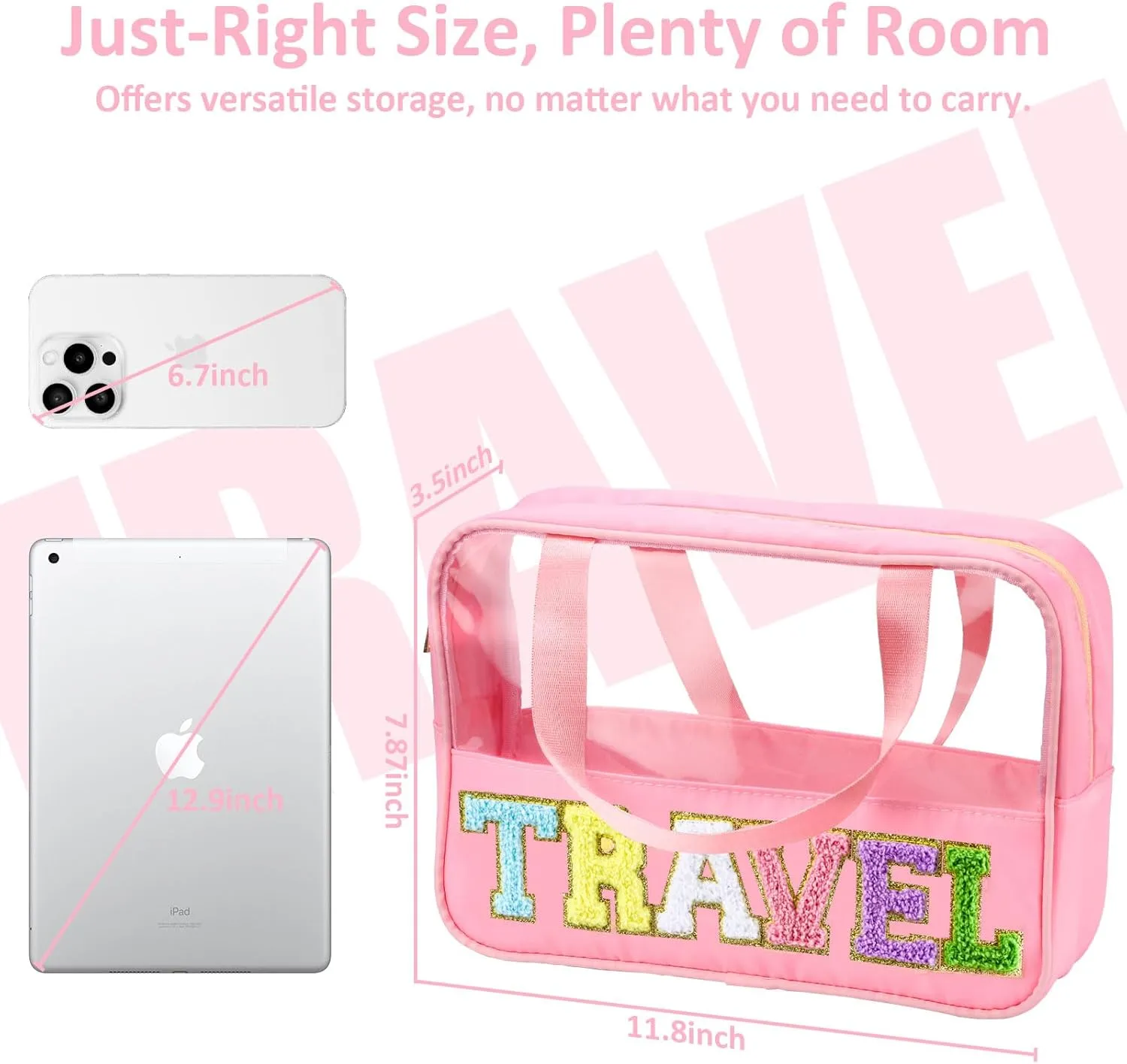 Chenille Letter Patch Clear Travel Bags, Preppy PVC&Nylon Makeup Bag with Handle and Zipper, Waterproof Large Clear Travel Toiletry Bag Storage Bag for Women Girls