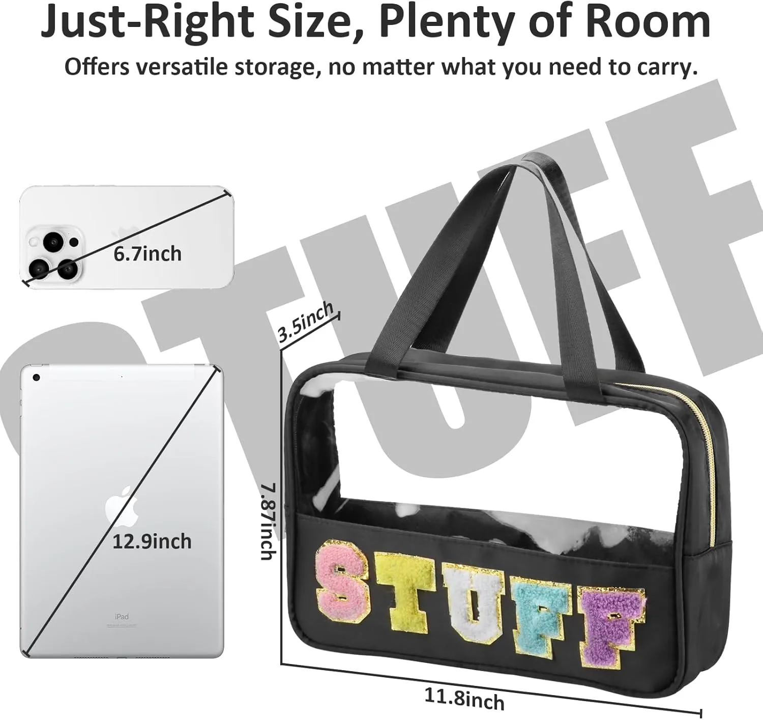 Chenille Letter Patch Clear Travel Bags, Preppy PVC&Nylon Makeup Bag with Handle and Zipper, Waterproof Large Clear Travel Toiletry Bag Storage Bag for Women Girls