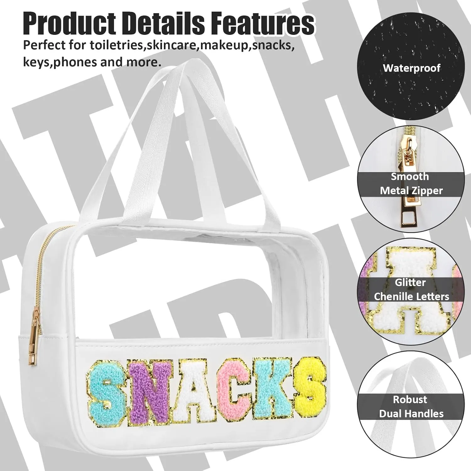 Chenille Letter Patch Clear Travel Bags, Preppy PVC&Nylon Makeup Bag with Handle and Zipper, Waterproof Large Clear Travel Toiletry Bag Storage Bag for Women Girls