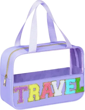 Chenille Letter Patch Clear Travel Bags, Preppy PVC&Nylon Makeup Bag with Handle and Zipper, Waterproof Large Clear Travel Toiletry Bag Storage Bag for Women Girls