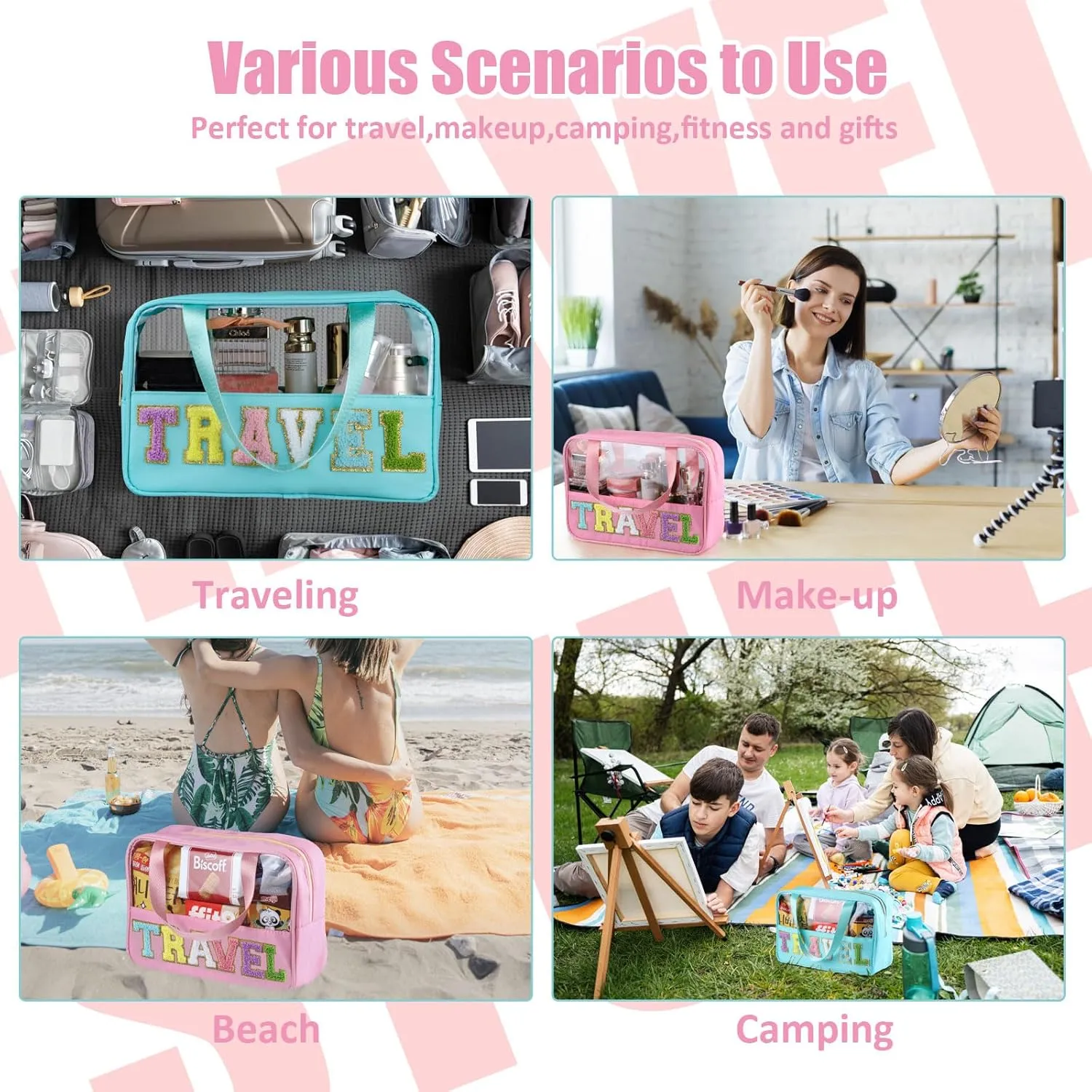 Chenille Letter Patch Clear Travel Bags, Preppy PVC&Nylon Makeup Bag with Handle and Zipper, Waterproof Large Clear Travel Toiletry Bag Storage Bag for Women Girls