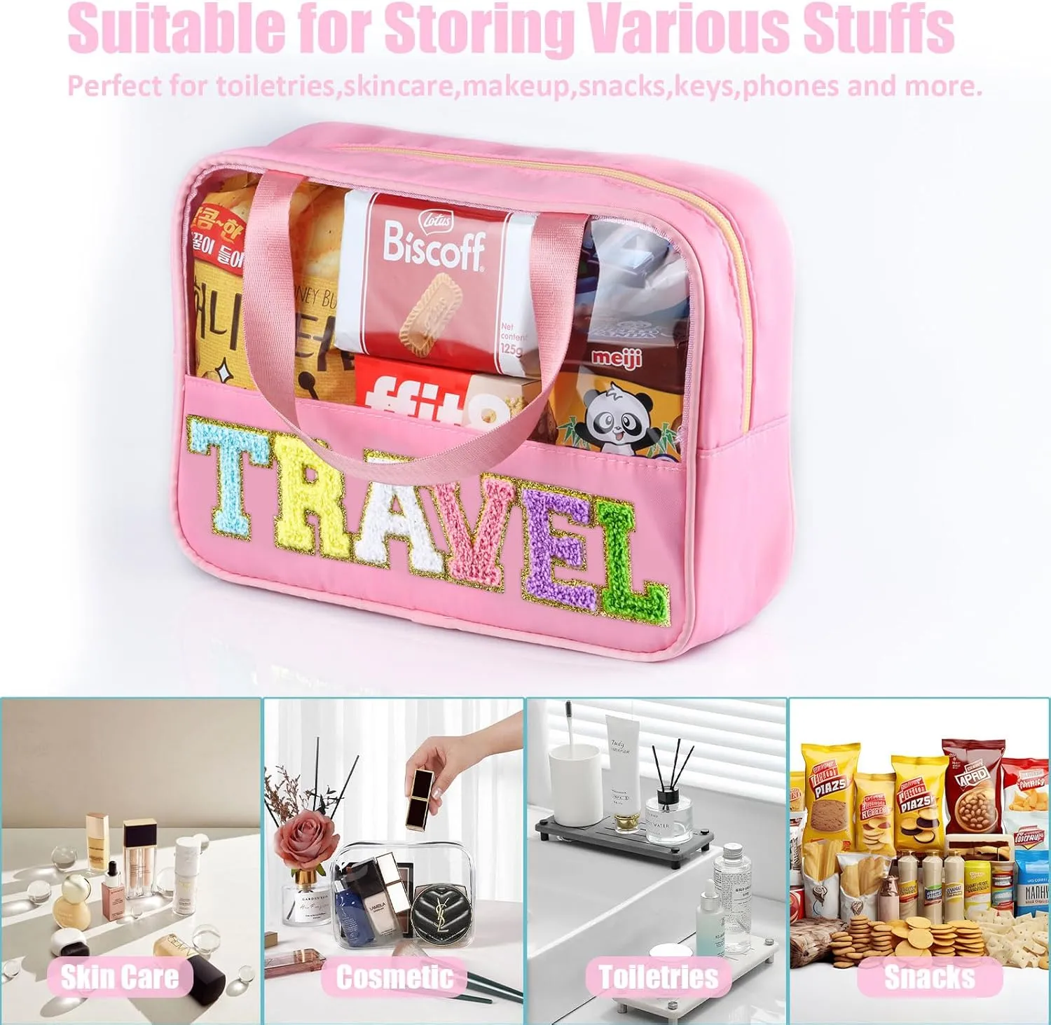 Chenille Letter Patch Clear Travel Bags, Preppy PVC&Nylon Makeup Bag with Handle and Zipper, Waterproof Large Clear Travel Toiletry Bag Storage Bag for Women Girls