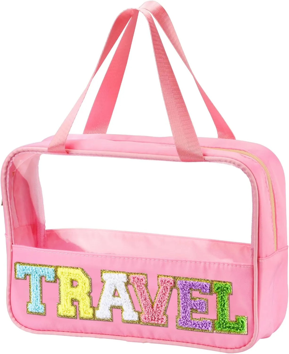 Chenille Letter Patch Clear Travel Bags, Preppy PVC&Nylon Makeup Bag with Handle and Zipper, Waterproof Large Clear Travel Toiletry Bag Storage Bag for Women Girls