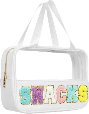 Chenille Letter Patch Clear Travel Bags, Preppy PVC&Nylon Makeup Bag with Handle and Zipper, Waterproof Large Clear Travel Toiletry Bag Storage Bag for Women Girls
