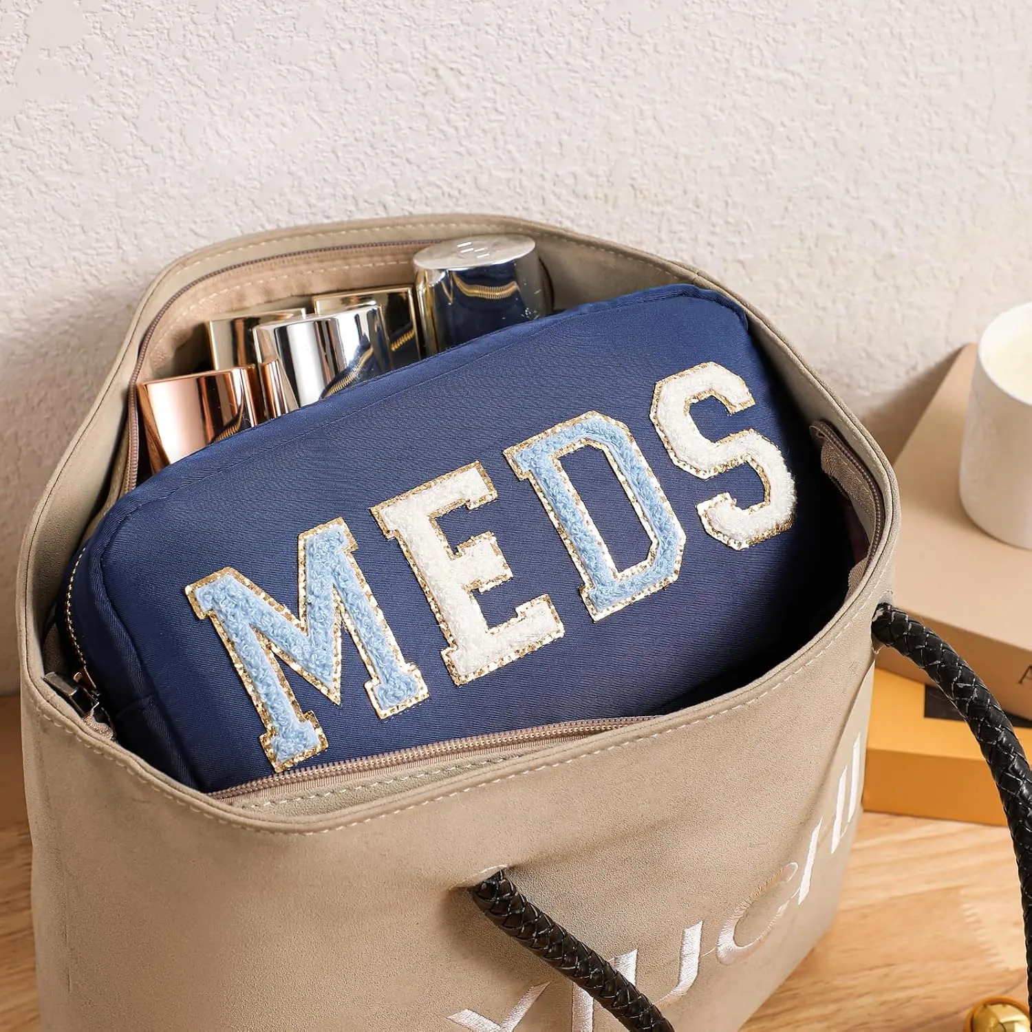 Chenille Letter Patch Nylon Medicine Packages,Cute MEDS Travel Makeup Bag with Metal Zipper, First Aid Purse Organizer Cosmetic Bag for Women and Girls(02Light Blue)