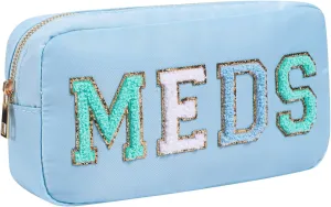 Chenille Letter Patch Nylon Medicine Packages,Cute MEDS Travel Makeup Bag with Metal Zipper, First Aid Purse Organizer Cosmetic Bag for Women and Girls(02Light Blue)