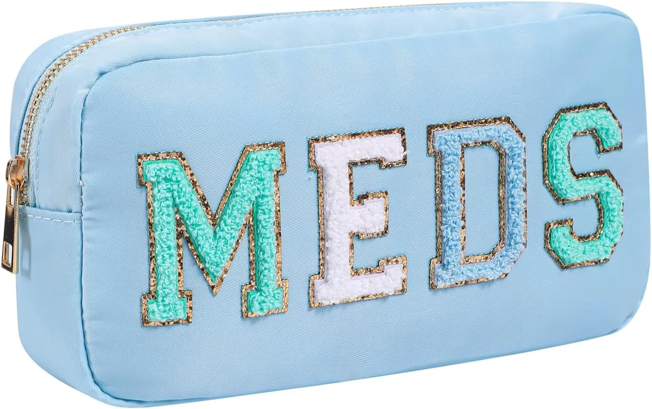 Chenille Letter Patch Nylon Medicine Packages,Cute MEDS Travel Makeup Bag with Metal Zipper, First Aid Purse Organizer Cosmetic Bag for Women and Girls(02Light Blue)