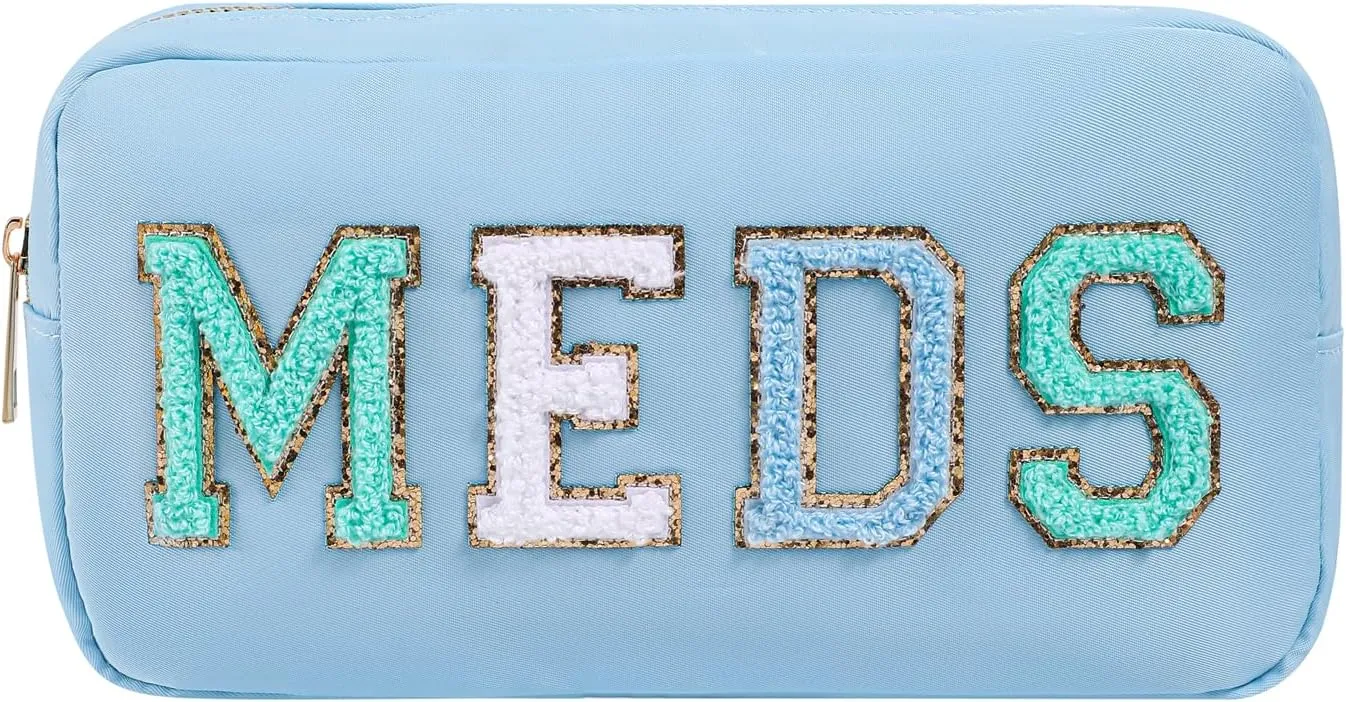 Chenille Letter Patch Nylon Medicine Packages,Cute MEDS Travel Makeup Bag with Metal Zipper, First Aid Purse Organizer Cosmetic Bag for Women and Girls(02Light Blue)