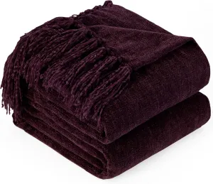 Chenille Throw Blanket for Couch with Tassels,50"X60" Soft Cozy Lightweight Knitted Boho Decorative Blankets for Bed and Sofa,Aubergine
