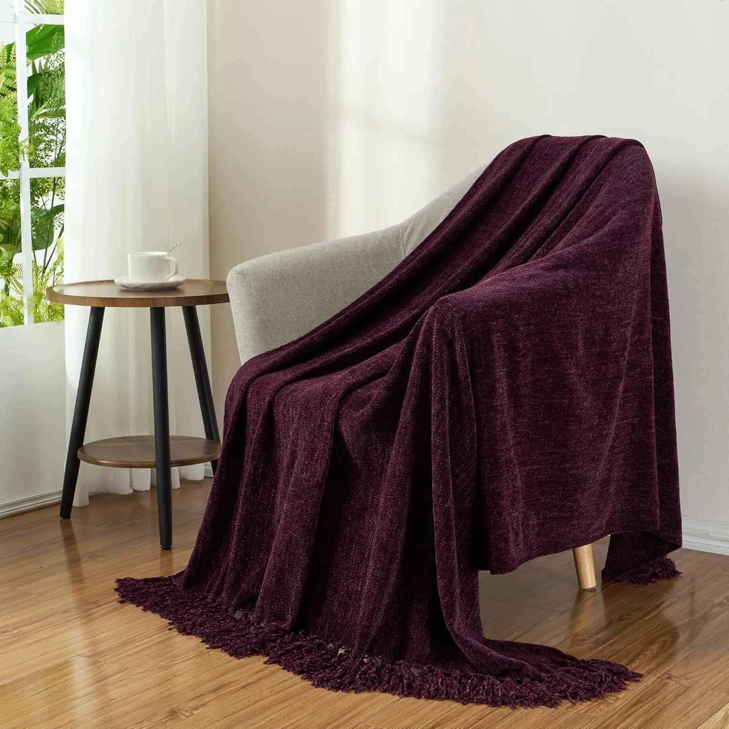 Chenille Throw Blanket for Couch with Tassels,50"X60" Soft Cozy Lightweight Knitted Boho Decorative Blankets for Bed and Sofa,Aubergine