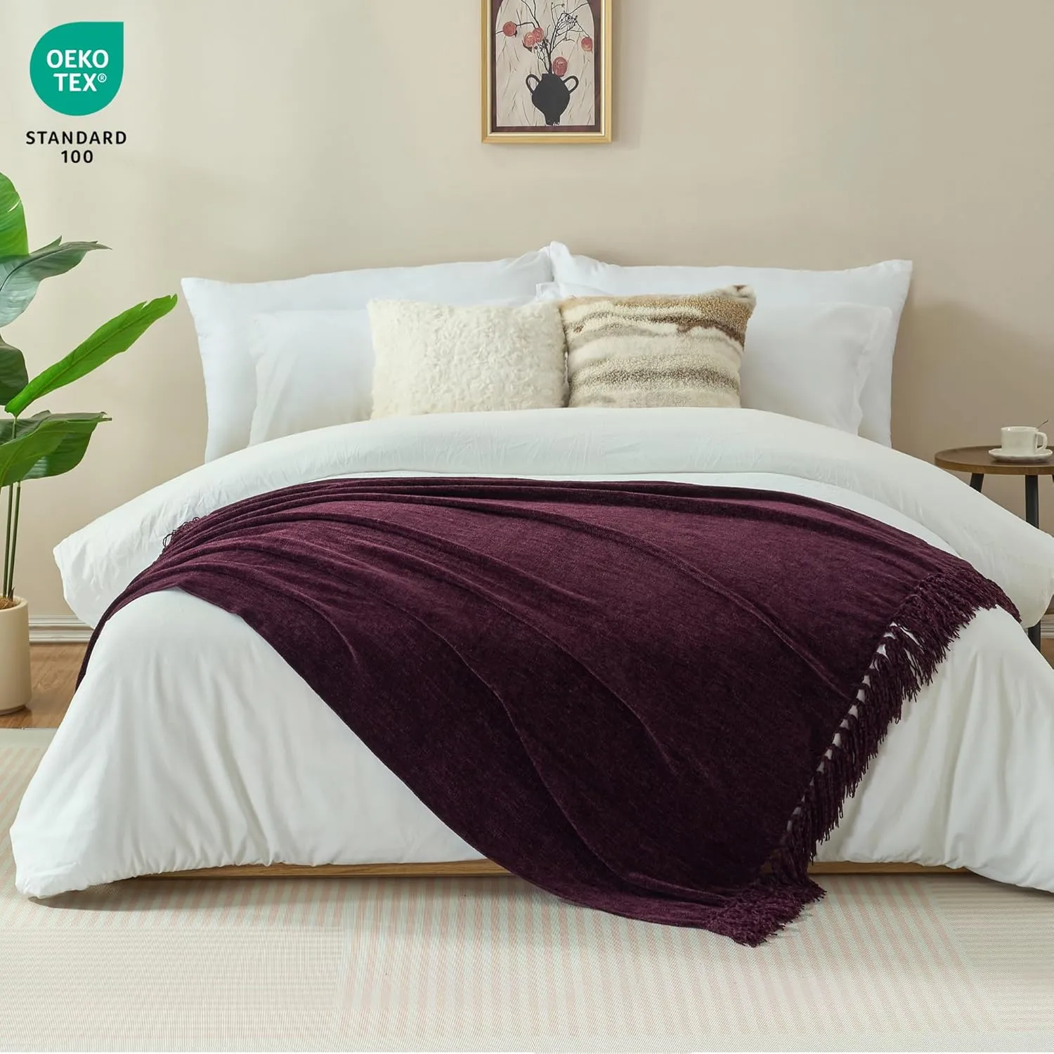 Chenille Throw Blanket for Couch with Tassels,50"X60" Soft Cozy Lightweight Knitted Boho Decorative Blankets for Bed and Sofa,Aubergine
