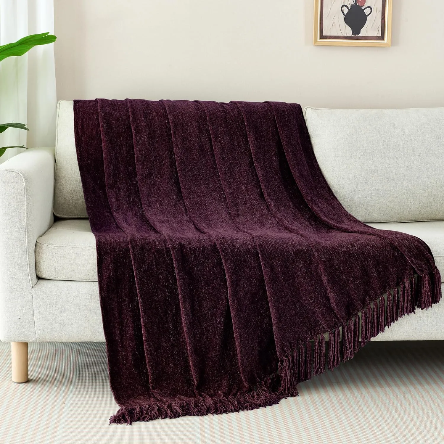 Chenille Throw Blanket for Couch with Tassels,50"X60" Soft Cozy Lightweight Knitted Boho Decorative Blankets for Bed and Sofa,Aubergine