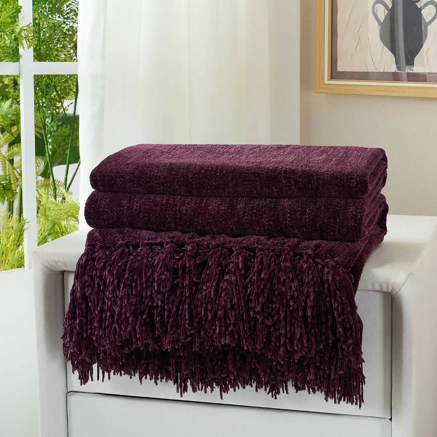 Chenille Throw Blanket for Couch with Tassels,50"X60" Soft Cozy Lightweight Knitted Boho Decorative Blankets for Bed and Sofa,Aubergine