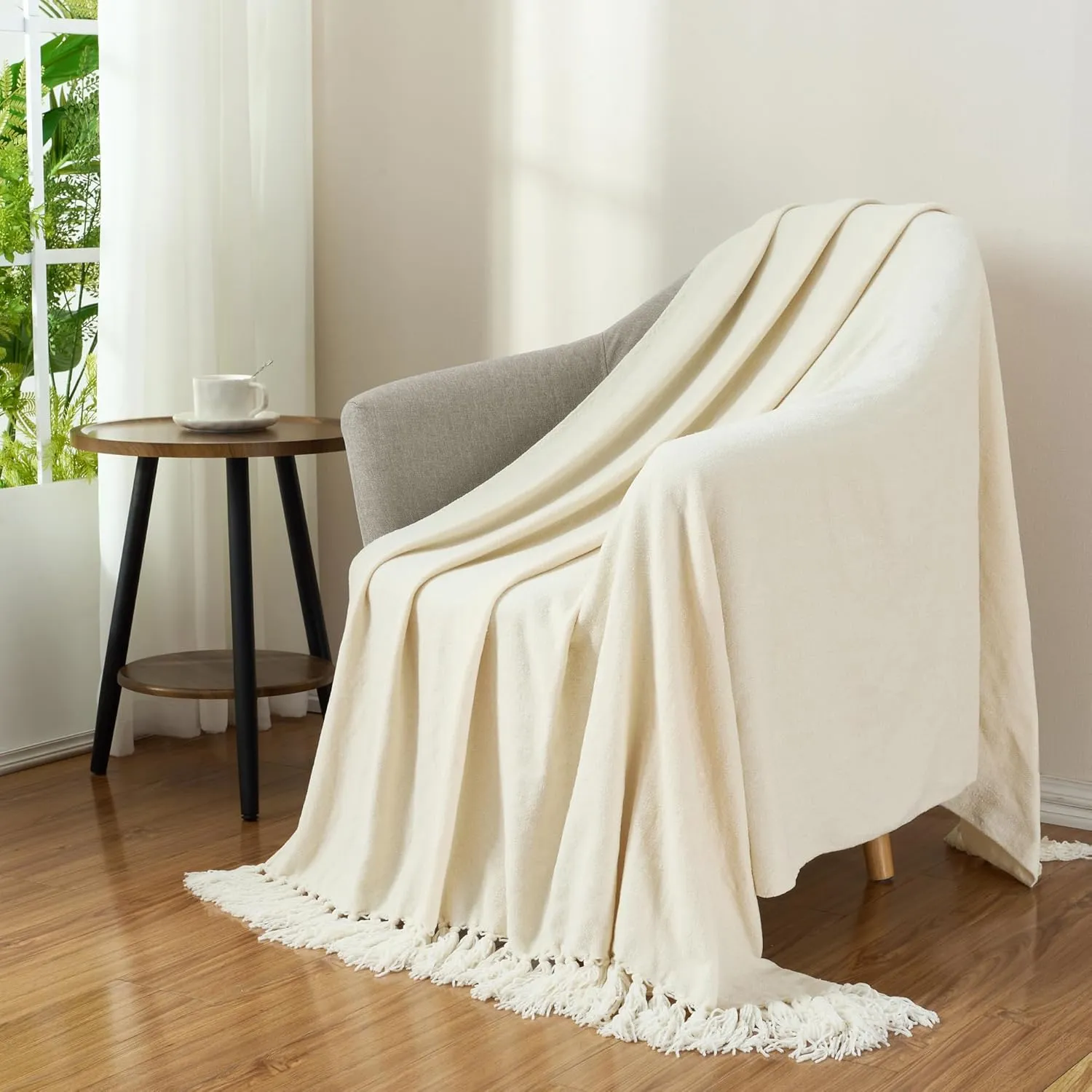 Chenille Throw Blanket for Couch with Tassels,50"X60" Soft Cozy Lightweight Knitted Boho Decorative Blankets for Bed and Sofa,Cream