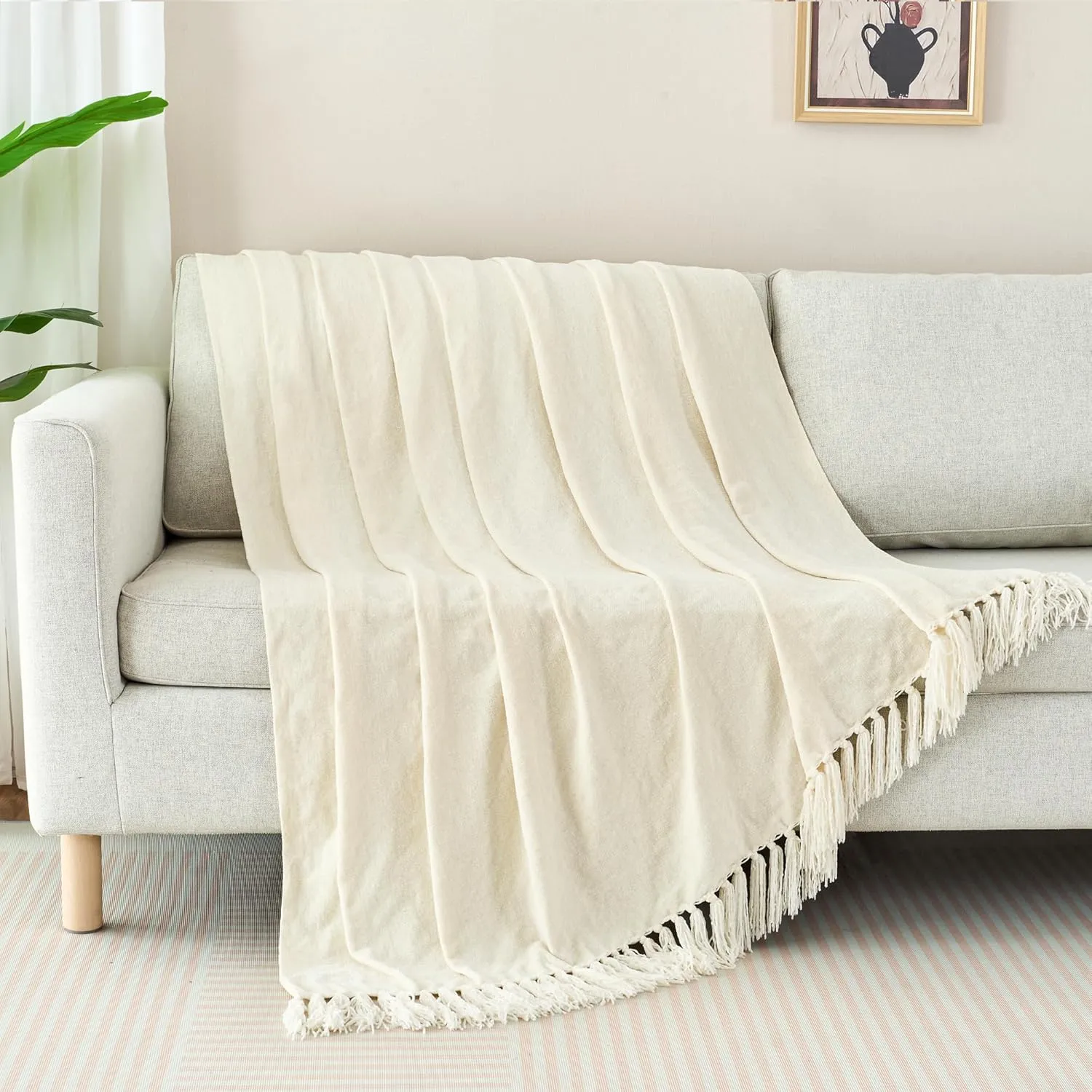 Chenille Throw Blanket for Couch with Tassels,50"X60" Soft Cozy Lightweight Knitted Boho Decorative Blankets for Bed and Sofa,Cream