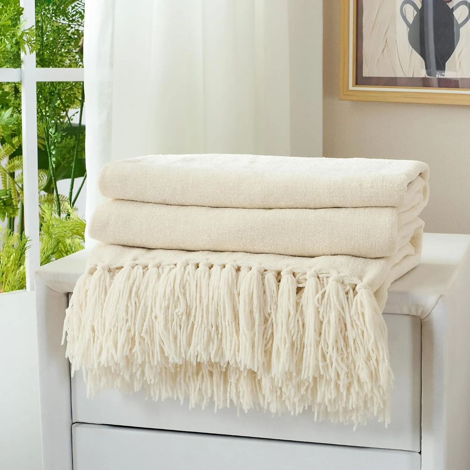 Chenille Throw Blanket for Couch with Tassels,50"X60" Soft Cozy Lightweight Knitted Boho Decorative Blankets for Bed and Sofa,Cream