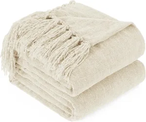 Chenille Throw Blanket for Couch with Tassels,50"X60" Soft Cozy Lightweight Knitted Boho Decorative Blankets for Bed and Sofa,Cream
