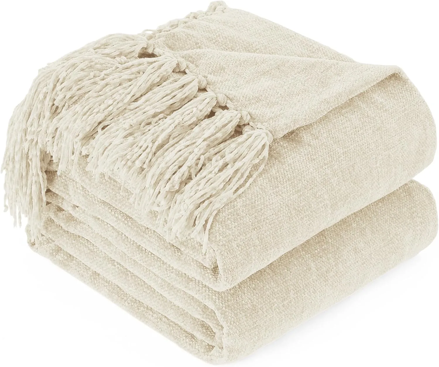 Chenille Throw Blanket for Couch with Tassels,50"X60" Soft Cozy Lightweight Knitted Boho Decorative Blankets for Bed and Sofa,Cream